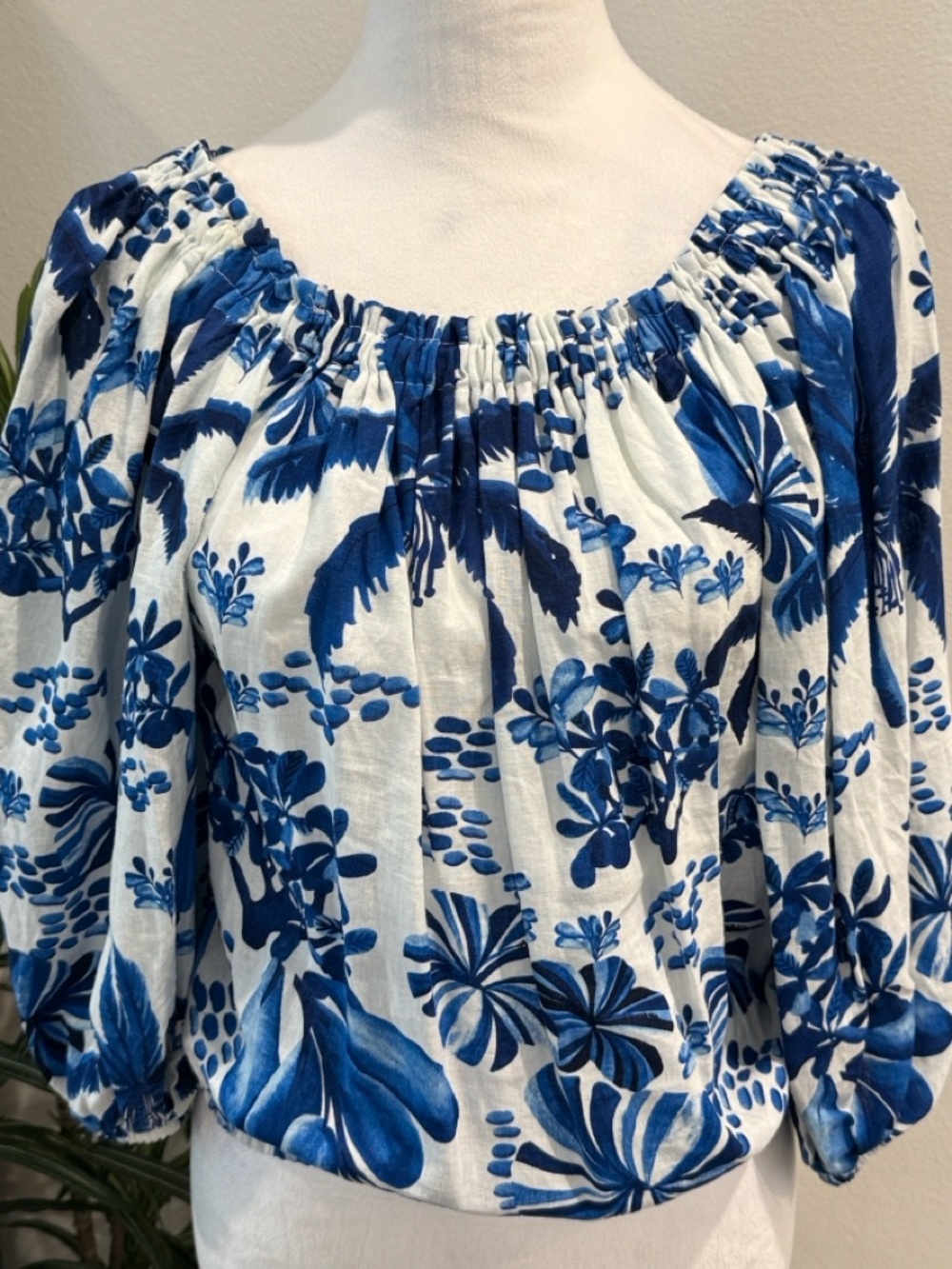 Panama Jack Floral Linen Blouse 3/4 Length Sleeve Off Shoulder White Blue S